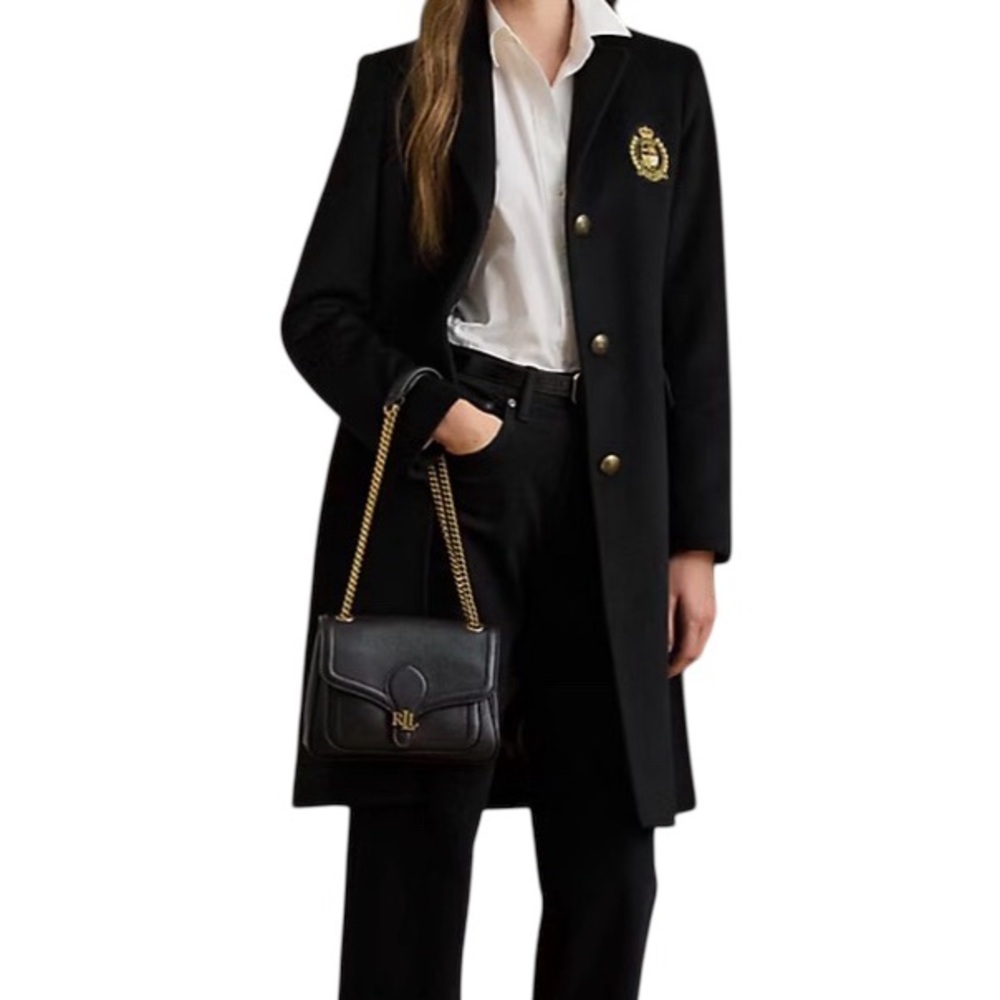 NWT Ralph Lauren Crest-Patch Wool-Blend Coat Size 12 Black